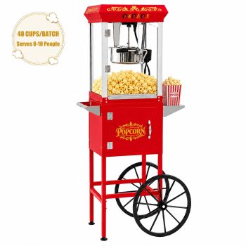 Popcorn Machine Cart with Wheels, 10 Oz Kettle, Scoop and 2 Cups, Akaber 800W Commercial Popcorn Maker Machine, Makes 48 Cups per Batch, Movie Theater Popper