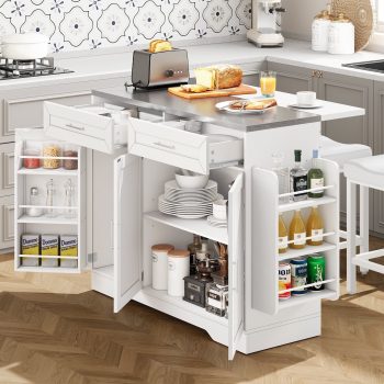 Concho 56" White Rolling Kitchen Island Cart with Seating, Stainless Steel Countertop, Folding Drop Leaf, Power Outlet & Spice/Towel Rack