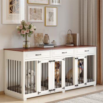 Dog Crate Furniture Indoor Wooden Kennel Cabinet with 2 Dividers, 3 Drawers & 3 Lockable Doors – Spacious Pet Home for Medium/Large Dogs – 72" x 23.6" x 31.5"H