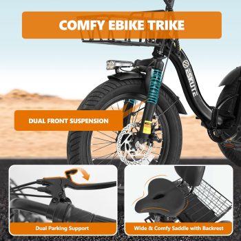 ESKUTE Adult Electric Tricycle, Folding Step-Thru E-Trike with Removable Battery, 18" x 3.0" Fat Tires, Long Range 3-Wheel Electric Bicycle for Daily Riding UL2849