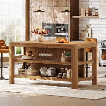 Finmind Solid Wood Kitchen Island with Storage Shelves, 63-Inch Farmhouse Island Table with Seating, Counter Height Bar Table for Kitchen, Dining Room, Natural Wood
