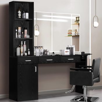 DreamCurship Wall Mount Styling Station for Hair Stylist, Salon Barber Stations with 3-Tier Storage Shelf with Door