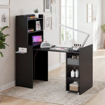 Advwin Foldable Manicure Table with Charging Station & Storage Cabinet, Wall-Mount Extendable Nail Tech Desk with Fabric Drawer & Shelf, Space-Saving Multipurpose Table for Home Office