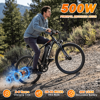 26 Inch Electric Bike for Adults, 500W Peak Brushless Motor, 7-Speed, Smart LCD Display, 36V 12Ah Battery, 19MPH, 30 Mi Range, 330 lb Capacity, Dual Suspension, UL 2849