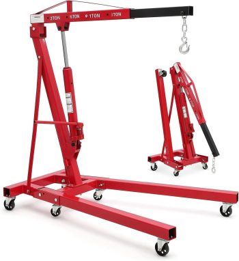 Adjustable Engine Hoist Leveler 1500 lbs 3/4 Ton Capacity, Steel Shop Crane Cherry Picker Hydraulic Lift with 360 Swivel Hooks