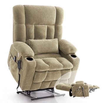 Dual Motor Power Lift Recliner Chair for Elderly – Oversized Lay‑Flat Design with Infinite Position, Massage & Heat, Cup Holders, Lumbar Pillow, One‑Touch Reset, and USB/Type‑C Charging Fabric