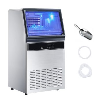 KFFKFF Commercial Ice Maker 130Lbs/24H 33Lbs Storage Stainless Steel LED Self-Cleaning