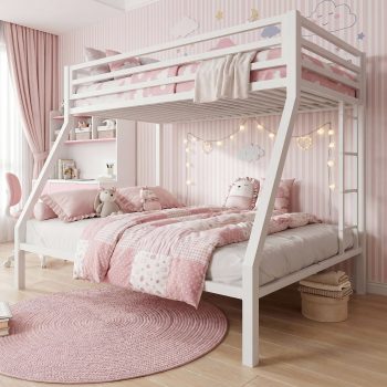 Einfach Metal Twin over Full Size Bunk Bed Frame with Full-Length Guardrail & Removable Stair