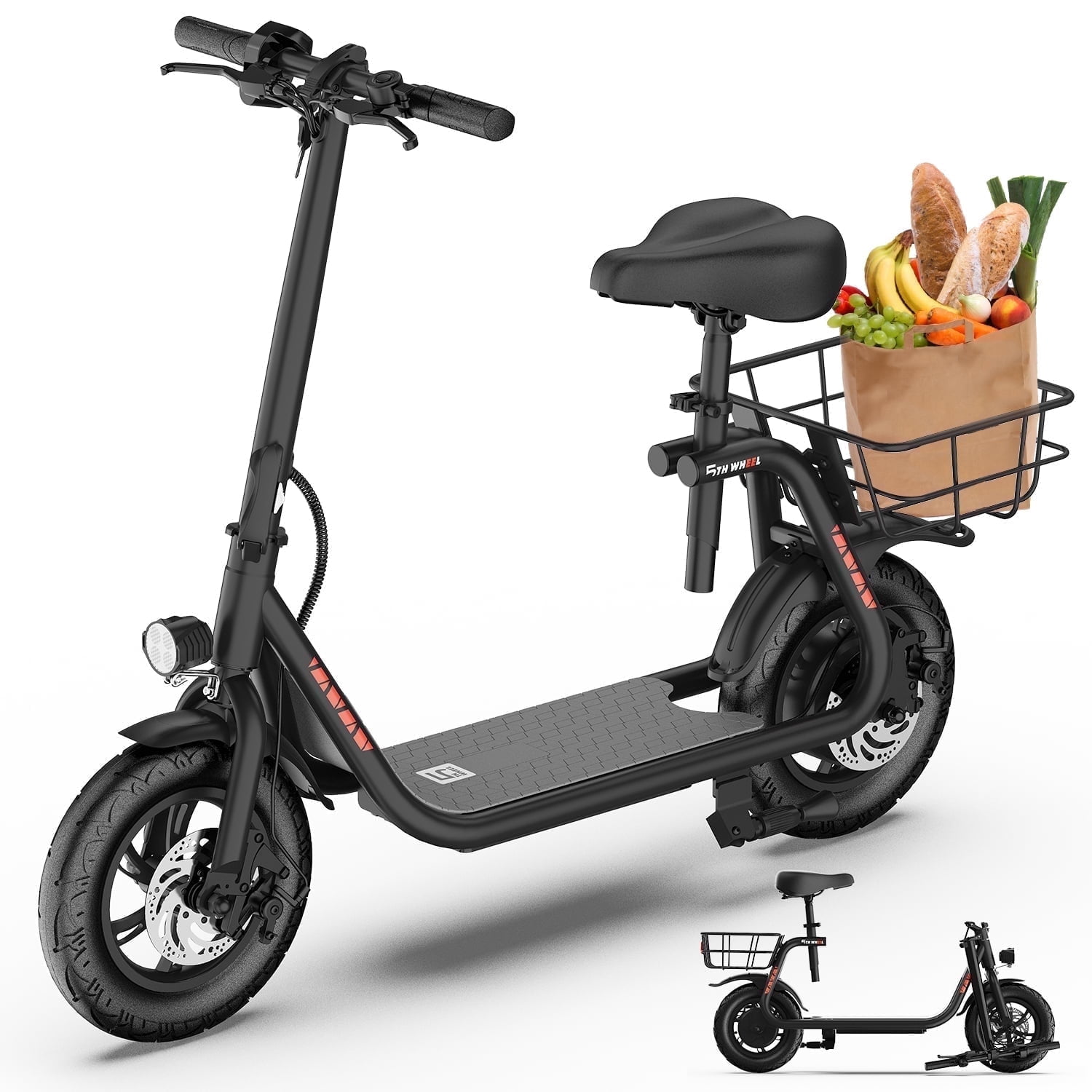 5TH WHEEL W18S 450W Motor Electric Scooter for Adults with Seat and Carry Basket, 36V 20Miles Range & 15.5Mph, 12" Foldable E Scooter for Commuting, UL 2272