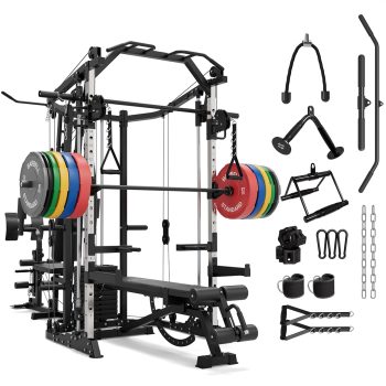 Mikolo Multi-Function Smith Machine Power Cage Home Gym with Cable Crossover System and 121LB Weight Stack