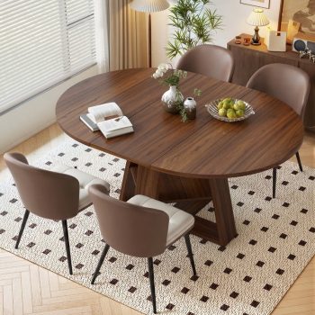 Hawsaiy Extendable Round to Oval Dining Table Set for 4, Space-Saving Wooden Table with Hidden Storage, Expandable Dining Table with Faux Leather Chairs(+4 Chairs)