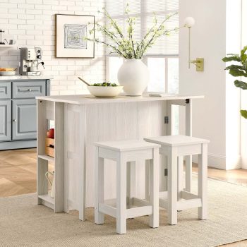 Meadowbrook3-Piece Kitchen Island and Stool Set in White Maple