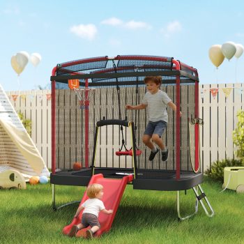 Qaba 4 x 6FT Trampoline for Kids, Indoor & Outdoor Toddler Trampoline with Slide, Swing, Basketball Hoop, Ladder and Safety Enclosure, Red