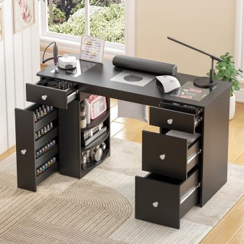 Advwin Modern Manicure Table with Dust Collector, Wrist Rest, Glass Top, Visible Drawers & Shelves, Acetone-Resistant Nail Desk Beauty Salon Workstation