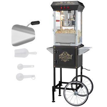 KFFKFF Popcorn Machine with Trolley, 850W Popcorn Cooking Device, 8 Oz Pot Produces 48 Servings Each Cycle, Popcorn Creator Fitted with Hardened Glass, Comes with 4 Ladles, Cinema Inspired Design