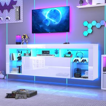 Blotout 71" Floating High Gloss LED TV Stand for up to 75/85" TVs, Wall-Mounted Entertainment Center with Power Outlets & Hidden Storage Cabinet and Open Adjustable Glass Shelf, White