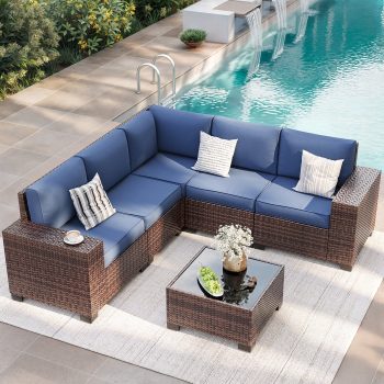 ELPOSUN Outdoor Sectional Furniture Set 6-Piece Brown Rattan Wicker Conversation Sofa Set with Glass Top Table,Blue Cushions