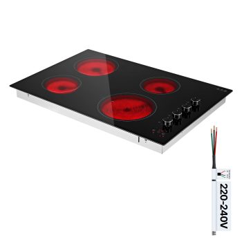 KFFKFF 30-Inch Electric Cooktop, 4-Burner Built-in Ceramic Stove, 6700W, 220V, No Plug, Features 11 Power Levels, Timer, Child Safety Lock, Overheat Protection, and Dual Knob/Touch Controls