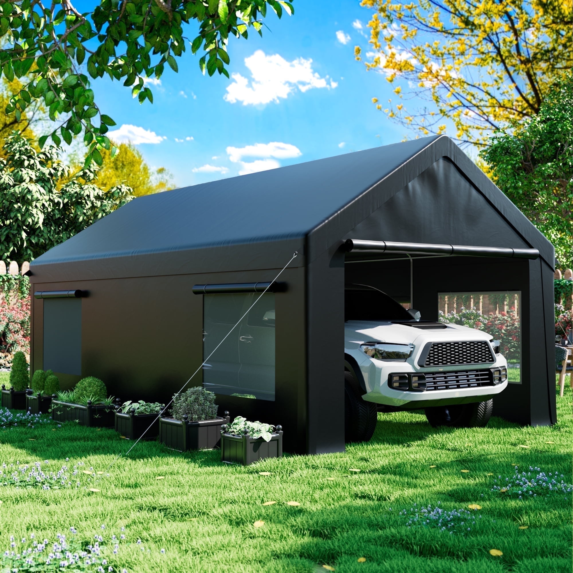 NETAJE 12'x20' Heavy Duty Portable Outdoor Garage Carport with Side-Opening Door, Roll-up Windows, Four-Hole Base for Car