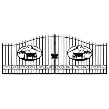 Chery Industrial 14 x 8 FT Dual Swing Steel Driveway Gate, Galvanized Frame, Ox Design for Home, Farm and Garden