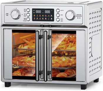 Plum Chef 26QT Large Capacity French Double-Door Air Fryer Convection Toaster Oven, 1700W, 14 Preset Menus, 7-in-1 Multi-Function (Bake, Roast, Gril,Toast,Dehydrate&Defrost), Stainless Steel,silvery