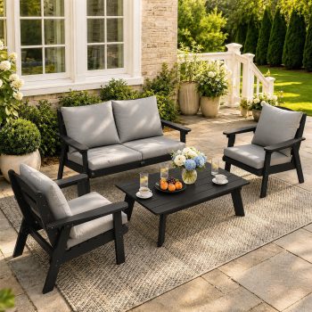 FOOWIN -Piece Patio Furniture Set, HDPE Outdoor Conversation Set with Seating & Cushions, Perfect Patio Sofa Set for Garden, Porch, Backyard, Black Frame with Grey Cushion