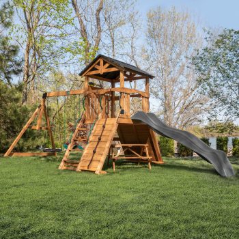 Backyard Discovery Endeavor II Cedar Wood Swing Set, Slide, Play Deck, Double Rock Wall