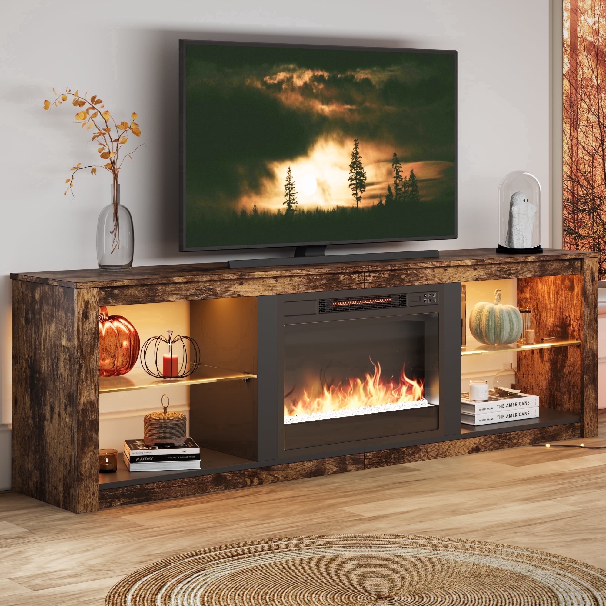 Bestier 70 Inch Fireplace TV Stand for TV up to 80", LED Entertainment Center with 23" Electric Fireplace Media Console Table for Living Room with Glass Shelves
