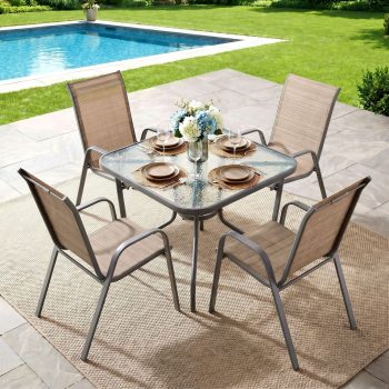 TLSUNNY Outdoor Patio Dining Set of 5, Outdoor Furniture w/ Table and 4 Stackable Chairs, for Lawn, Garden, Poolside, Backyard
