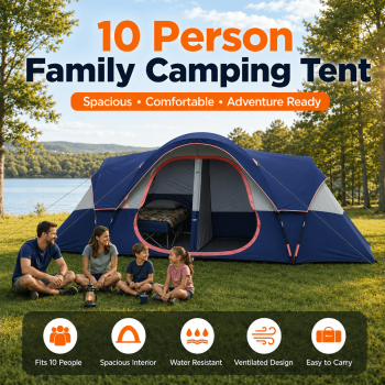 Spacious 10-Person Family Camping Tent, 2-Room Privacy Cabin Tent, Waterproof & Windproof with Mesh Window, Easy Setup for Family Outdoor Trips & Backyard Parties