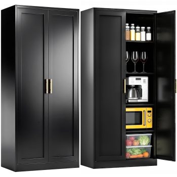 CJFHJ Freestanding Metal Kitchen Pantry Storage Cabinet, Lockable, 71" Tall, 2 Doors, 4 Adjustable Shelves