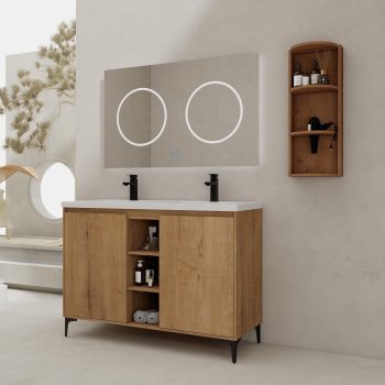FFZ 48 inch Freestanding Bathroom Vanity with Double Sink and Storage Rack, Soft Close Doors, Imitative Oak
