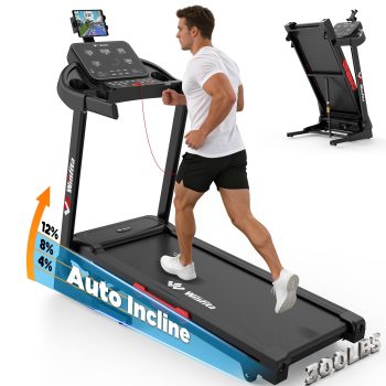 3.5HP Folding Treadmill 300lb Capacity, 12 Levels Auto Incline Treadmills for Home Running Walking Max 8MPH Speed Foldable EleTreadmill Running Machine with APP & Bluetooth, Adjustable Tablet Holder