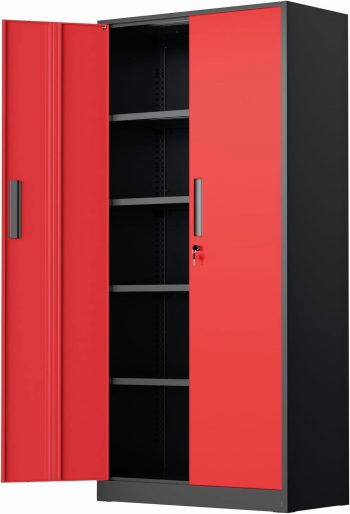 72" Metal Storage Cabinet - Heavy-Duty Metal Garage Cabinet with 4 Adjustable Shelves & 2 Doors for Tools, Office, Home, Workshop,Black & Red-Small