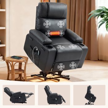 Electric Power Lift Recliner Chair for Elderly, PU Leather with Heat & Massage,160° Adjustable, Stand Assist, Remote Control, Cup Holders & Side Pockets for Living Room Bedroom