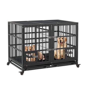 42/48/52 Inch Heavy Duty Dog Crate with Divider, Indestructible Steel Escape-Proof Dog Cage, Indoor Double Door High Anxiety Cage,Kennel with Wheels,Removable Tray Suitable for Large Medium Small Dogs