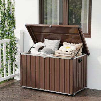 150 Gallon Metal Deck Box, Waterproof Patio Storage Container with Steel Panels & Wheels, Large Outdoor Storage Bin for Deck Porch Pool