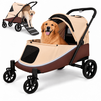 Naturoasis 132 LB Large Dog Stroller with Ramp, Foldable All-Terrain Pet Stroller with Suspension EVA Wheels and Canopy, Khaki