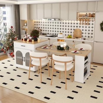 80-Inch Expandable Kitchen Island with Dining Table, Solid Wood Grain Countertop and Power Outlet, Mobile Storage Cart with Cabinet & 2 Drawers,White