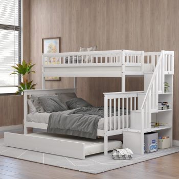Euroco Twin Over Full Bunk Bed with Trundle and Stairs for Kids Teens