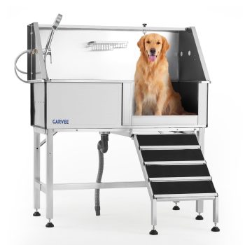 Garvee 46 Inch Stainless Steel Dog Washing Station with Walk-in Ramp, Heavy Duty Pet Grooming Bathtub, Brushed Finish, Right Door Options