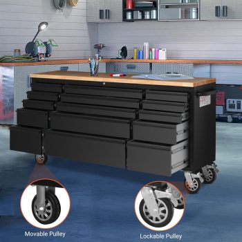 72" Rolling Tool Chest Workbench 15 Drawers, Heavy-Duty Steel, Rubber Wood Top, Key Locking, Drawer Liners, Black