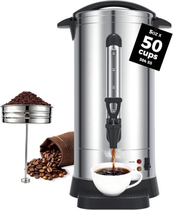 OSTBA 950W Commercial Coffee Urn 50 Cup/ 8.3L 304 Stainless Steel Percolator Coffee Pot, Double-Wall Hot Water Dispenser Electric Coffee Maker Fast Brewing for Home, Office, Catering & Small Events