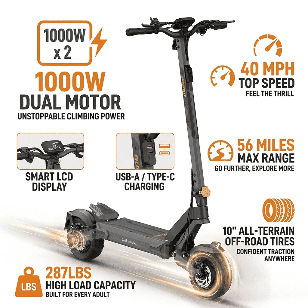 Ausom Dual Motor off Road Electric Scooter, 1000W*2 Motor, 40 MPH Speed&56 Miles Range, 10" Tires, Max 287lbs Load, 2*Turn Signal Light, Dark