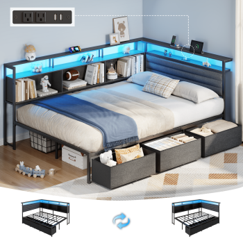 Satifur L-Shaped Corner Bed Frame with 3 Storage Drawers, 3 Cubbies & Double-Layer Shelf, LED Lights & Power Outlet, Corner Beds for Living Room, Bedroom and Guest, Black