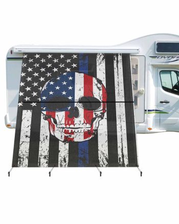 4th of July RV Awning Sun Shade Screen 9'X7' American Flag Patriotic Skull Mesh Sunscreen Black White Red Stripe Awning Shade Screen with Zipper UV Blocker Completed Kits for RV Motorhome Camper