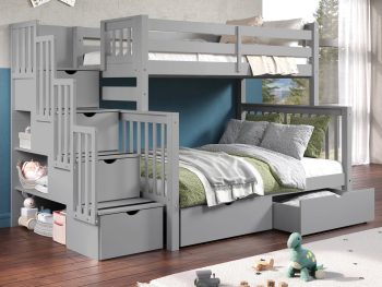 Bedz King Pine Wood Twin over Full Stairway Bunk Bed with 2 Drawers in