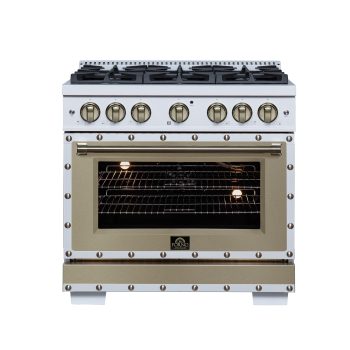 Forno Ambassador 36" Gas Range in White, 6 Sealed Burnes, 71 000 BTU Cooktop Output , 5.2 Cu.Ft. convection Oven, Telescopic Racks