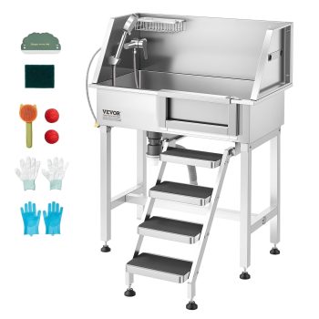 VEVOR 34" Dog Washing Station, Stainless Steel Pet Grooming Tub Bathtub, Professional Dog Wash Sink with Shower, Faucet, Soap Holder, Non-Slip Stairs Easy-Clean Design for Small Pets Cats(Right Door)