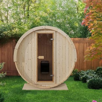 EuroSauna 2-Person Outdoor Barrel Sauna with Shingles, Lighting, 6kW Harvia Sauna Heater